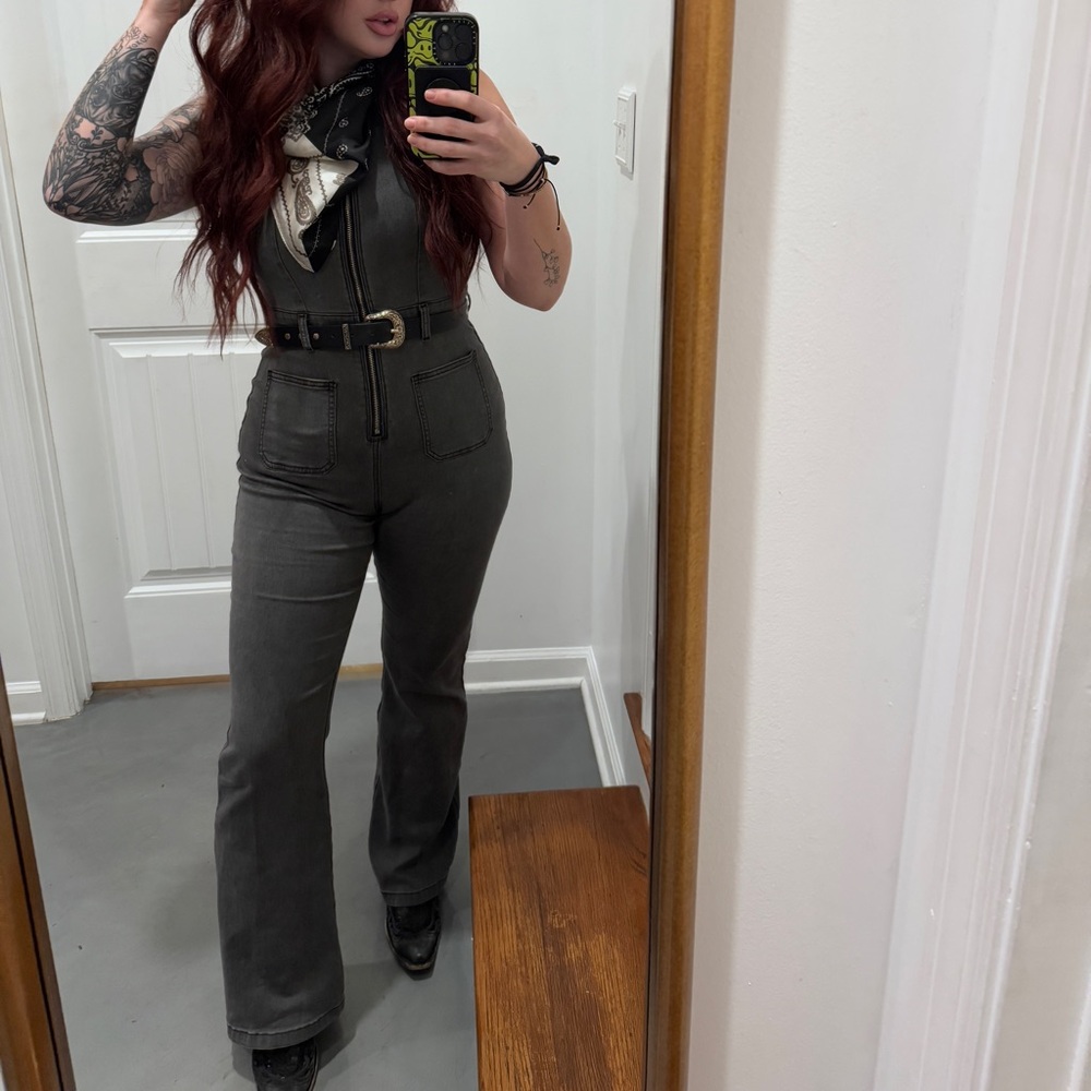 Gray denim jumpsuit
